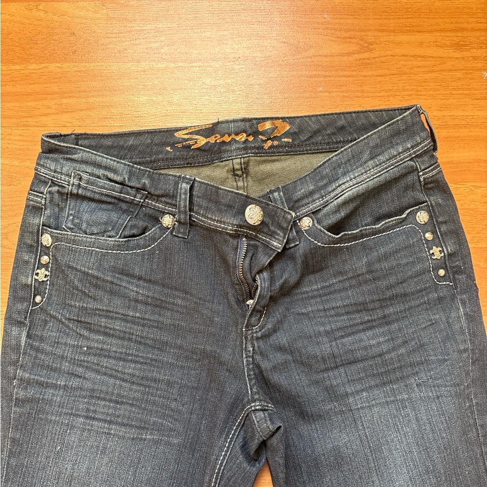 Seven7 Dark wash low rise skinny jeans with silver studs #denim